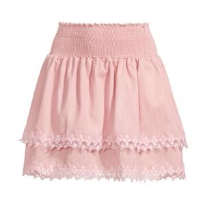 Peixoto Light Pink Smocked Waist Tiered Lace-Trim Mini Skirt